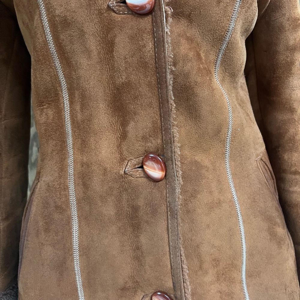 Women’s Brown Tan Suede Shearling Jacket XS/S Real Sheepskin Sherpa Fur Warm - Picture 6 of 16